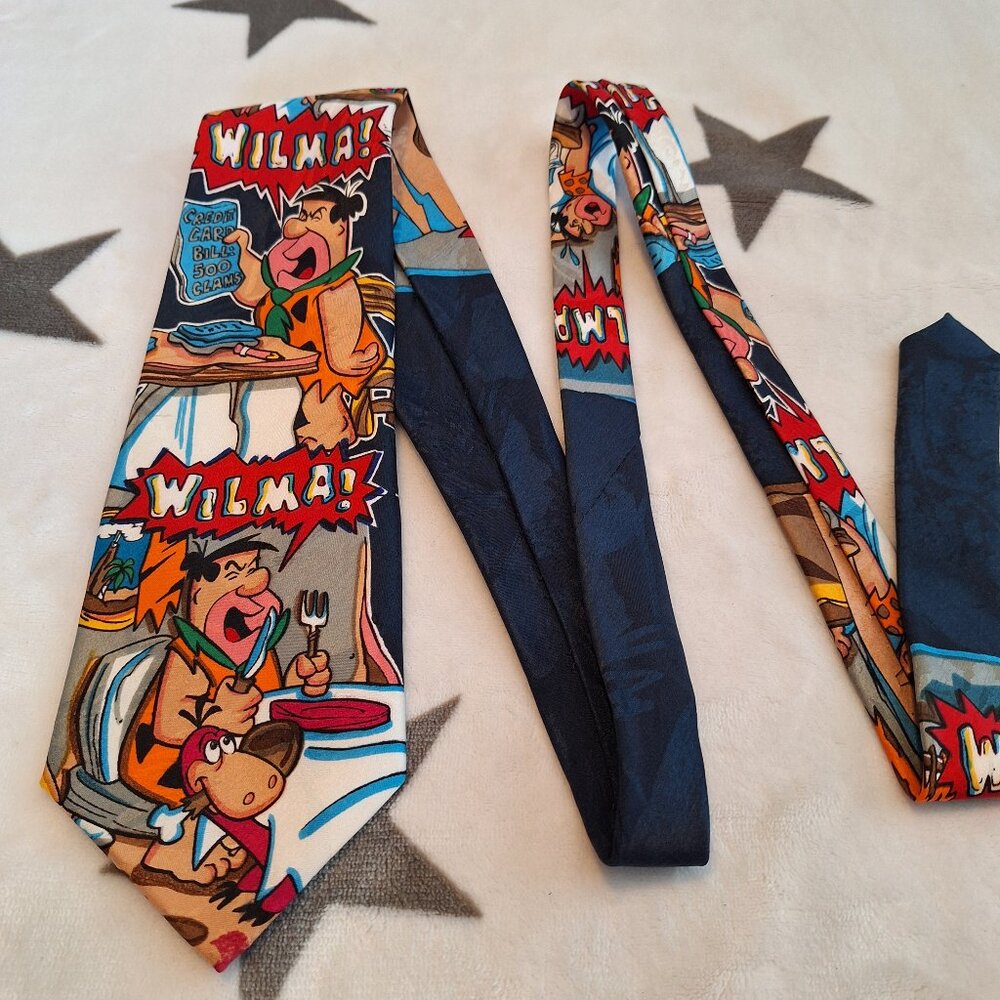 1993 Hanna Barbera Mens Tie Navy Blue Background‎ Fred Flintstone Yelling Wilma